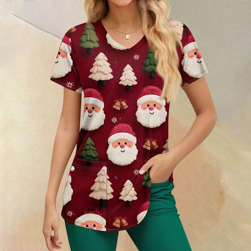 Women's Christmas Printing Short Sleeve V-neck Tops Working Pocket Blouse