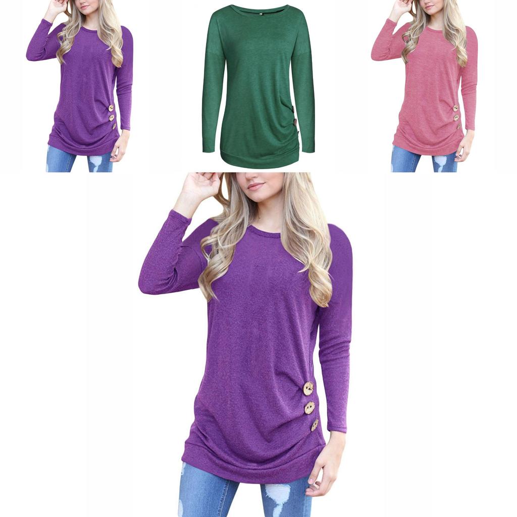 Stylish Long-sleeve Button Detail T-shirt For Women In Various Colors And Sizes