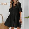 Women's Short Sleeve Shirt Dress Lapel V Neck Button Down Swing Dress Summer Casual Flowy Beach Sundress