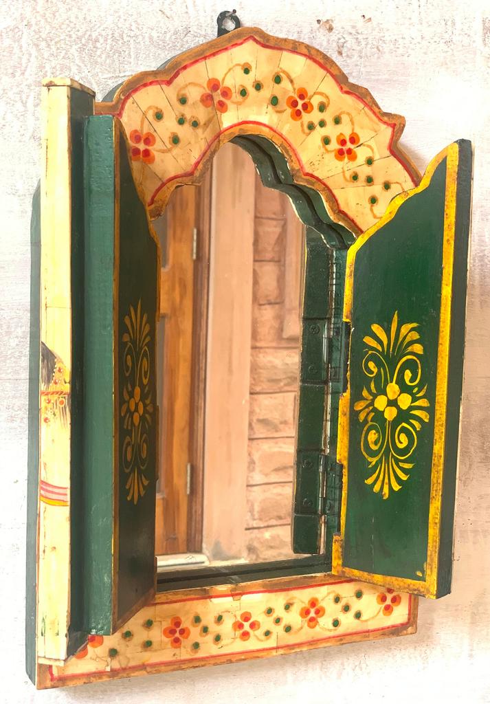 Handmade Carved Wooden Inlay Window: Painted Indian King Decor