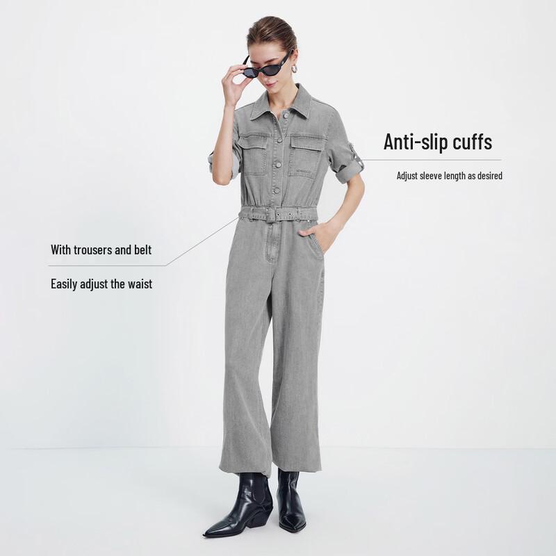 Navigare Women's Retro Workwear Wide-Leg Denim Jumpsuit