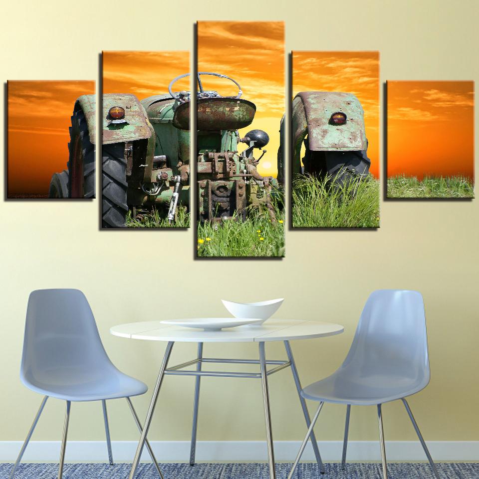 5 bucăți Retro Tractor de fermă și imagini cu soarele Artă de perete Decor pentru interioară Postere Pânză Picturi HD Decorare Accesorii pentru sufragerie