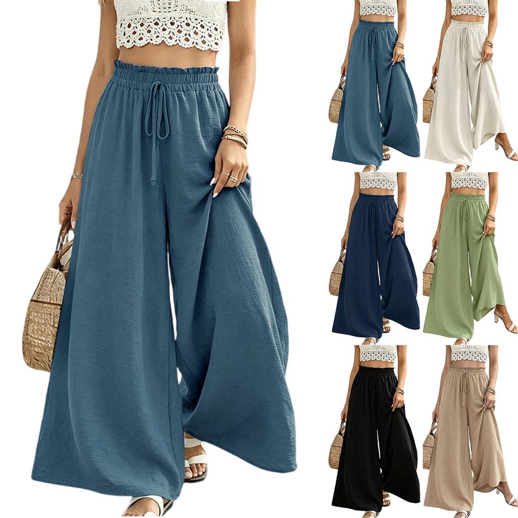 Women Loose Wide Leg Pants Elastic Waist Drawstring Trousers Casual Vacation Straight Leg Palazzo Pants
