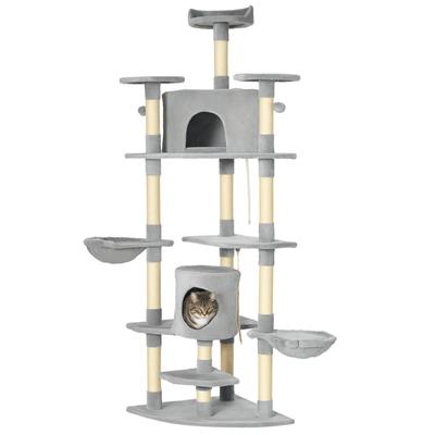 Cat Tree with 2 Hammocks and 2 Cat Caves Incl. Toy, Plush, Sisal Rope, Light Gray