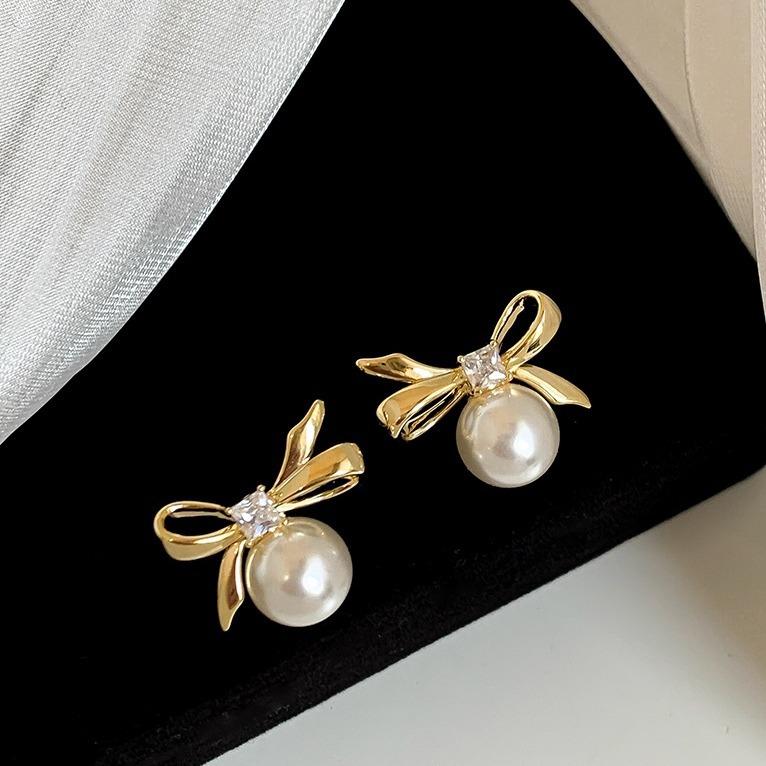 Silver Needle Bow Pearl Stud Earrings New Fashion Versatile Earrings Niche High-end Earrings Women