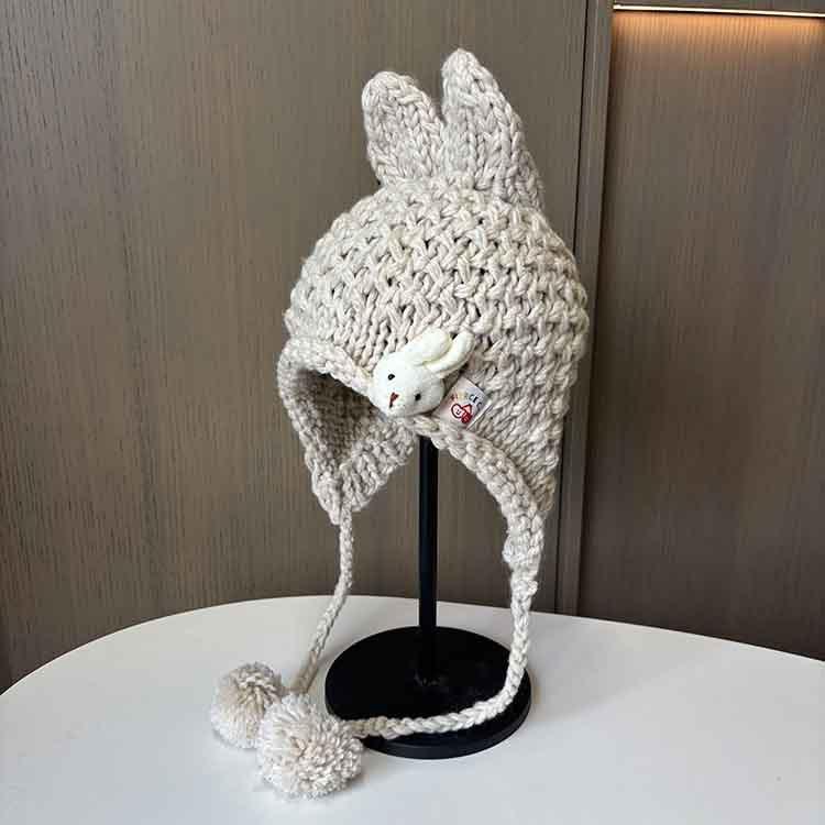 

Ing Rabbit Ears Cute Wool Hat Handmade Knitted Hat Ladies Outdoor Warm Ear Cap M（56-58cm） бежевий
