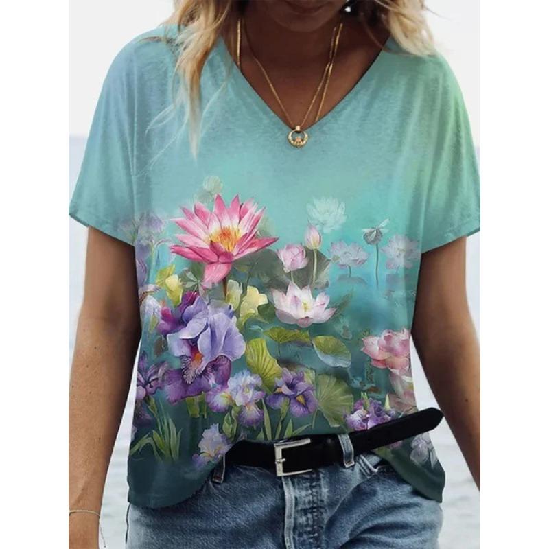 Summer Scenery Flowers Plants 3D Printed Short Sleeved T-shirt Women's Loose Short Sleeved Top V-neck T-shirt
