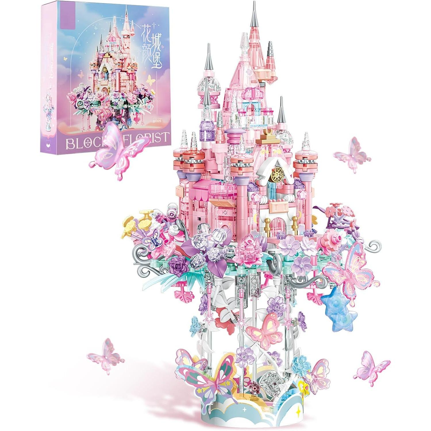 Flower Castle Building Blocks Set,Dream Castle On a Cloud Particle Construction Building Bricks Toy,Flowers Butterfly Star Castle Home Decoration D1