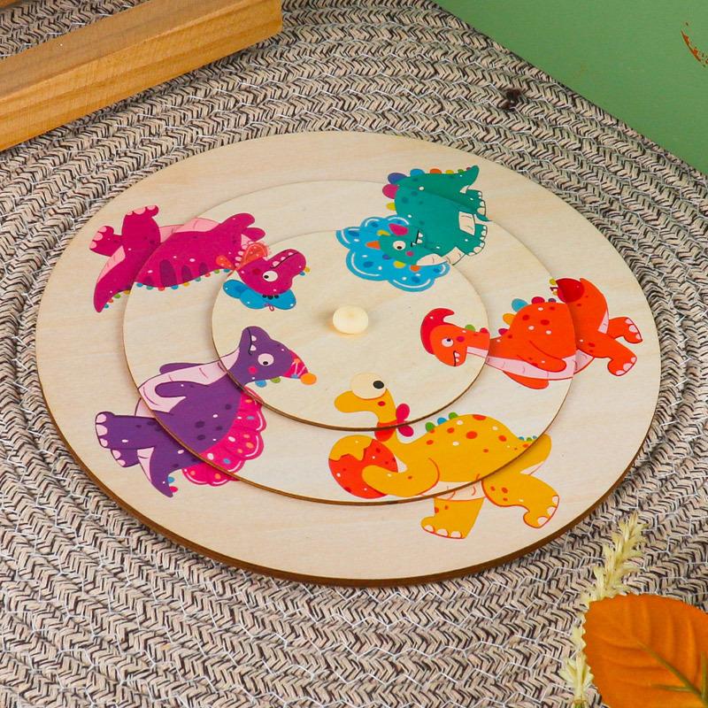 Children s early education wooden large animal multi-layer thickened round puzzle cognitive pairing rotating puzzle puzzle puzzle toy