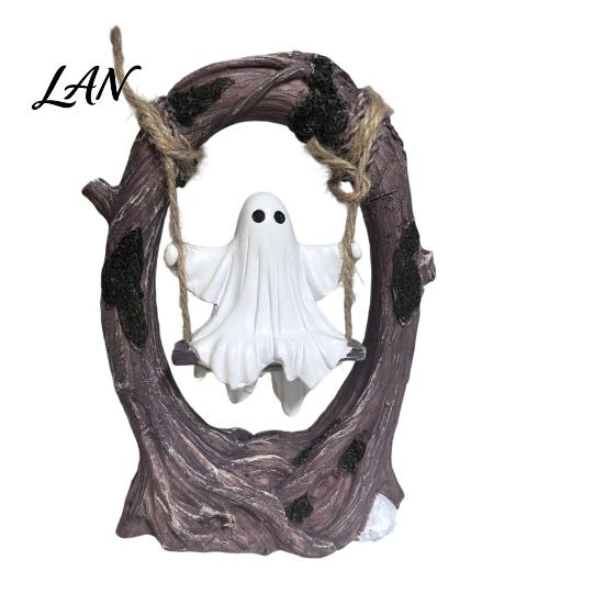 Weather-Resistant Garden Ornament Ghost On Tree Swing Halloween Decor, Resin Spooky Figurine with Vintage Detailed Sculpture for Office Base, Festive