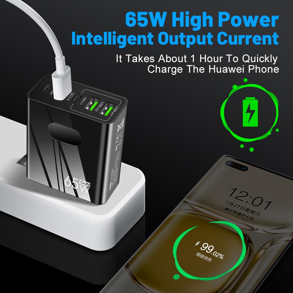 VAORLO 5Porst Wall Charger QC3.0 Fast Charging Support PD Charge EU US UK Plug 65W 3.1A Super Charging