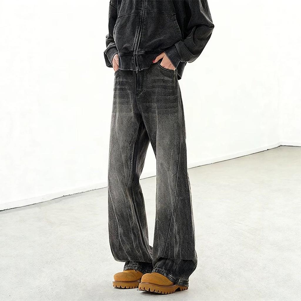 American High Street Washed Old Micro-pull Jeans Splicing Design Semi-elastic Waist Loose Straight Casual Trousers