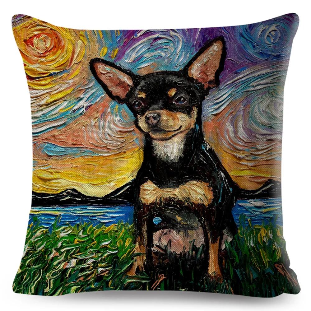 Both Sided Starry Sky Dog Cushion Cover Decor Oil Painting Cartoon Pet Animal Pillow Case for Sofa Home  Linen Pillowcase