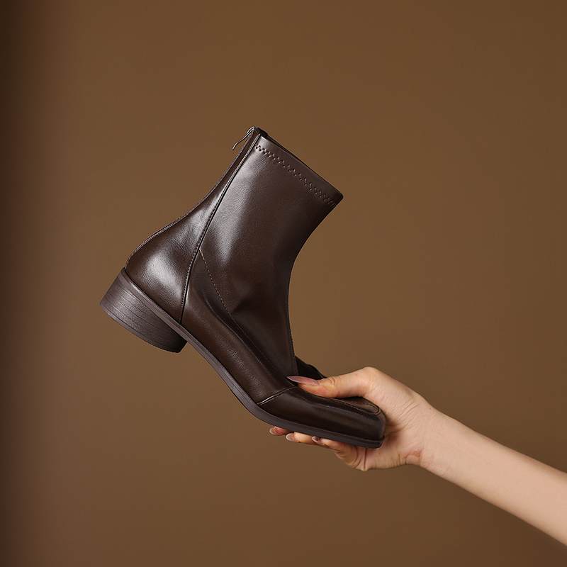 Krazing Pot Microfiber Winter Square Toe Modern Size 33 Boots Size 43 Concise Design Med Heels Zipper Women Ankle Boots