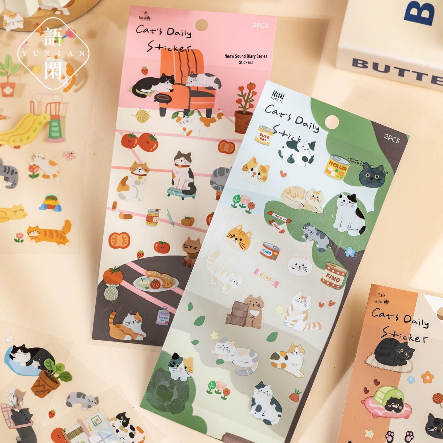 Yu Xian Meow Meow Diary Cat Stickers: 6 Cute Animal Styles, 2 Sheets for DIY Decoration.