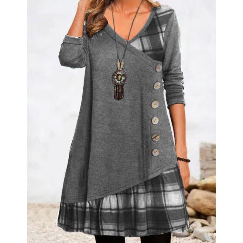 

Повседневное платье большого размера с длинными рукавами и пуговицами для дам для экспортных поставок Dark gray 2XL(Bust size 112)