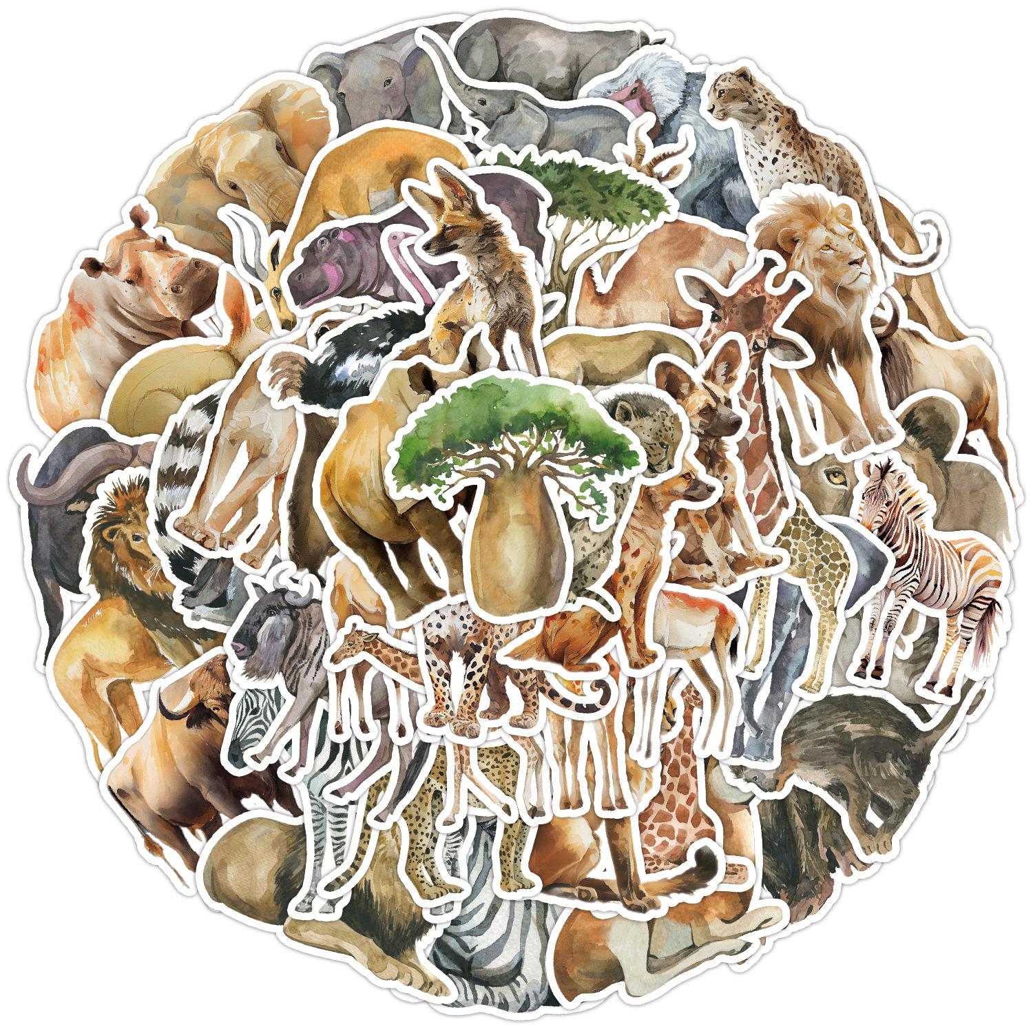 

50 African Watercolor Animal Stickers Computer Mobile Phone Decoration Stickers Waterproof Creative Children Cartoon Stickers