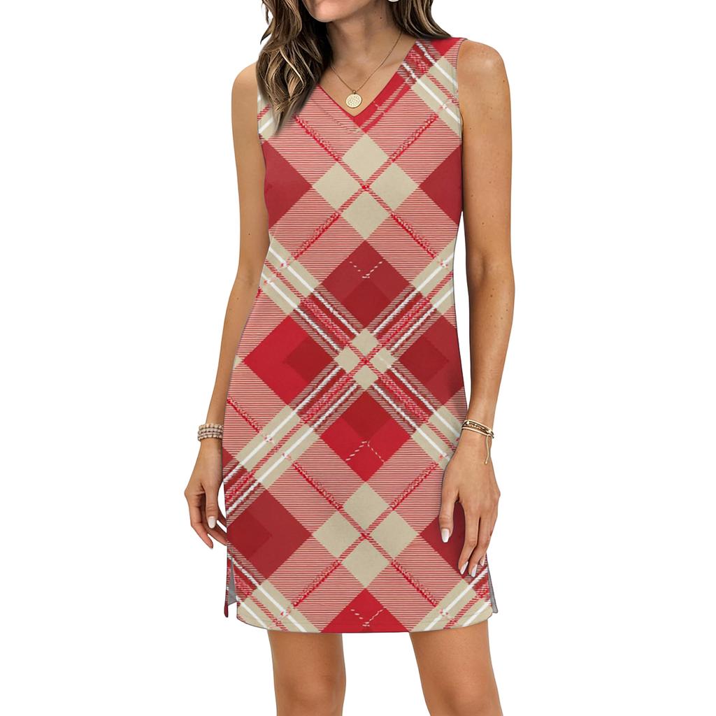 Women's Casual V-neck Sleeveless Split Hem Plaid Print Dress
