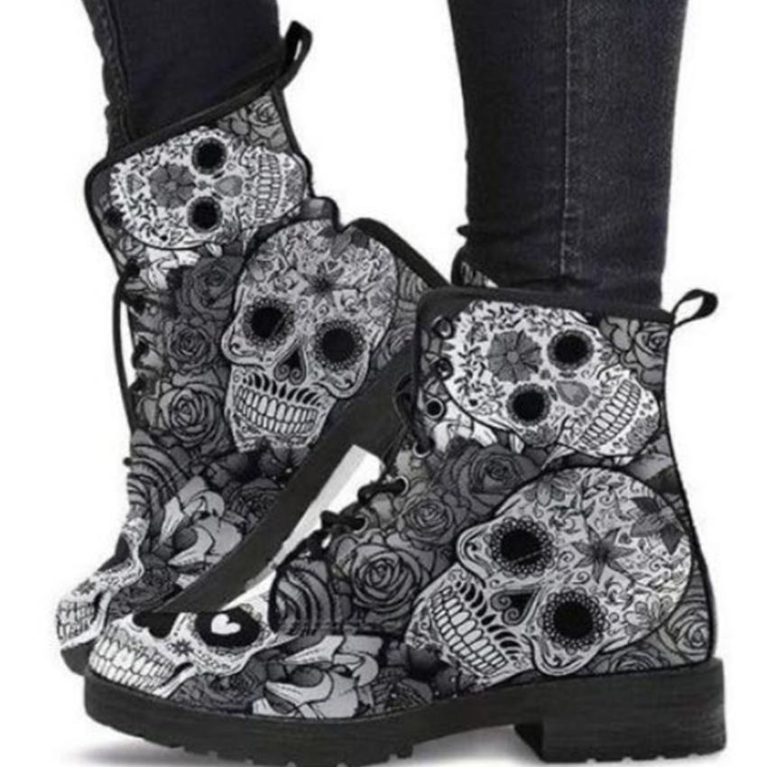 Botines de mujer Zapatos de tacón bajo Mujer Vintage Pu Cuero Otoño Cálido  Invierno Botas de nieve altas Moto Calavera Pansy comprar a buen precio —  entrega gratuita, reseñas reales con fotos —