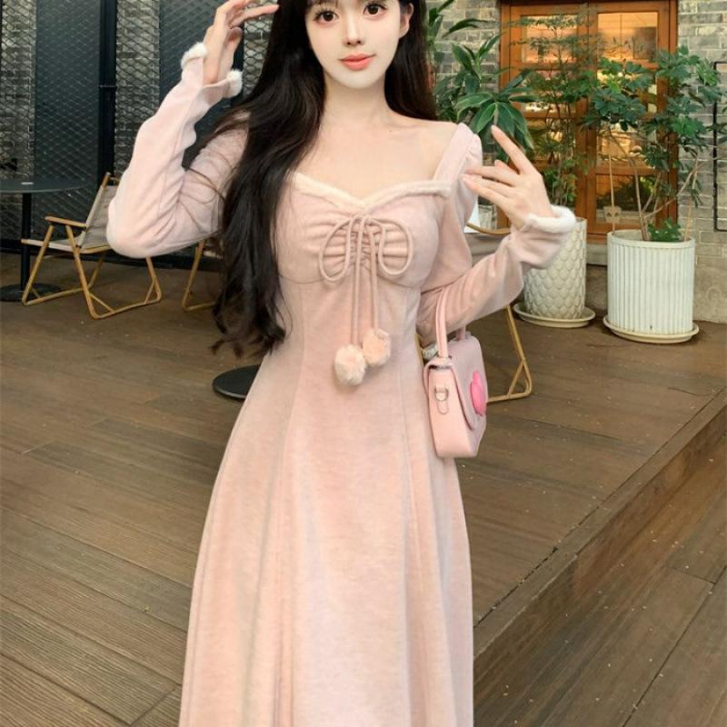 Autumn/Winter High-End French Pink Long-Sleeved Dress 2026 - Pure Desire Style. XL
