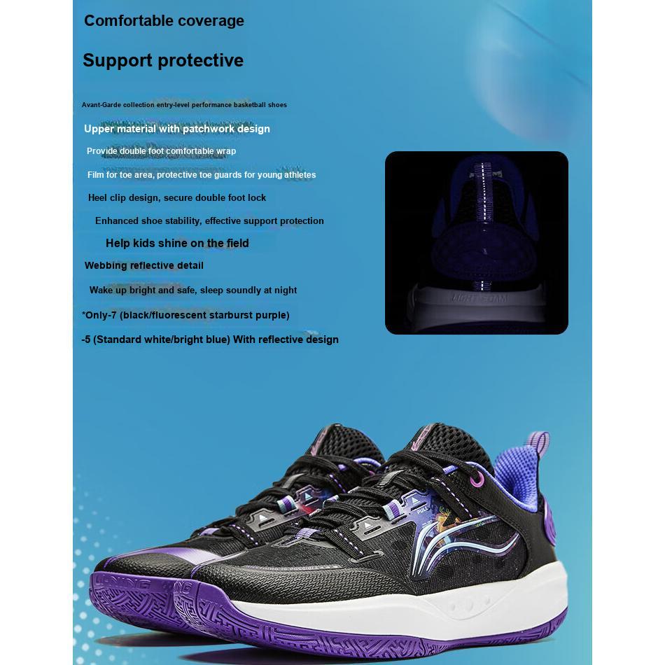 Li Ning Primary 3 V3 Comfortable Versatile Low Top Kids Basketball Shoes Kids Basketball Shoes Black Purple YKBU040-7