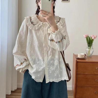 Stickerei Spitze Puppe Kragen Shirt Frauen Frühling Herbst Lose Beiläufige Krawatte Tops