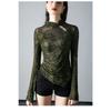 New Chinese Style Stand Up Collar Mesh Base Shirt for Women In Spring Irregular and Chic Printed Long Sleeved T-shirt