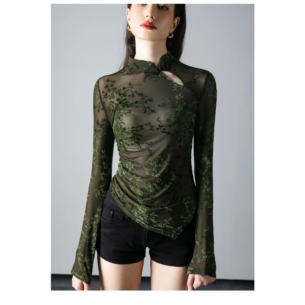 New Chinese Style Stand Up Collar Mesh Base Shirt for Women In Spring Irregular and Chic Printed Long Sleeved T-shirt