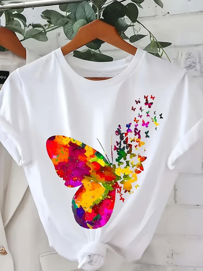 Colorful Butterfly Pattern Printed Women's T-shirt Summer Women's Casual Fashion Breathable Round Neck Short-sleeved Top T-shirt