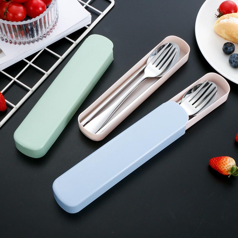 4Pcs/Set Portable Travel Tableware Set Stainless Steel Dinnerware With Box Kitchen Fork Spoon Dinner Set For Kid School Cutlery