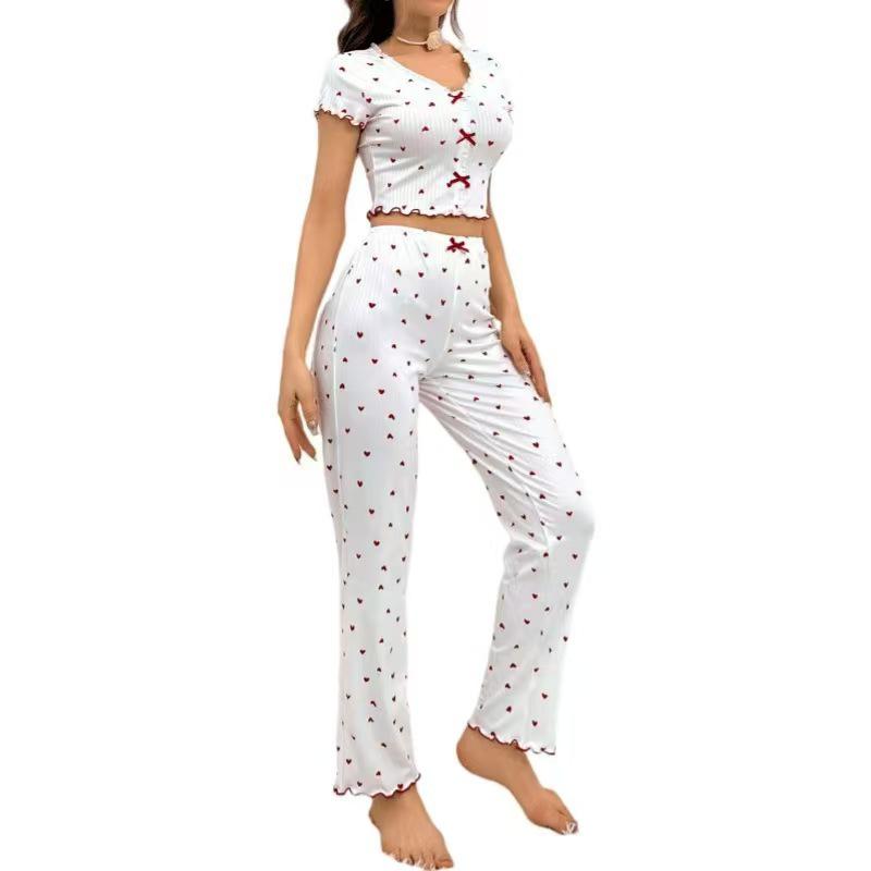 Europäischer & Amerikanischer Damen Pyjama Set mit Herzprint, Kurzarm - Draußen tragbar, Zweiteilige lange Hose Homewear