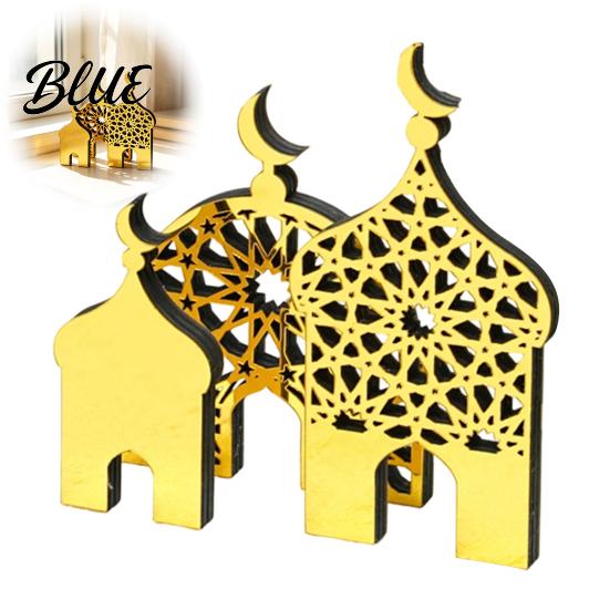 Ethnic Style Desktop Decor 3PCS Ramadan Golden Castle Ornament, Hollow Mosque Design, Thick Wood And Office Desk Decoration Acrylic Accents, Religious