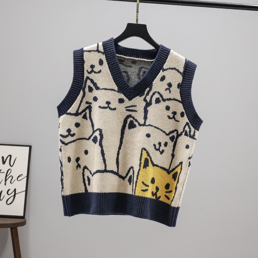 Chaleco de Punto para Mujer Gatito Retro Chaleco de Punto Suéter Holgado Top de Mujer