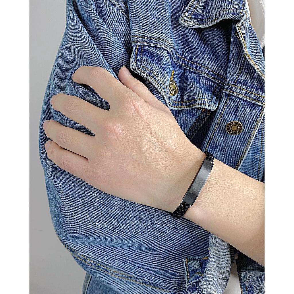 Fashionable Vintage Black Stainless Steel Bracelet Wholesale Woven Leather Cuff