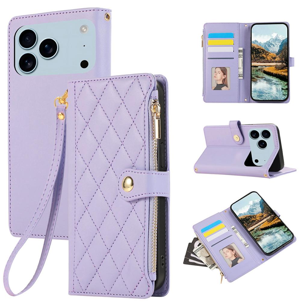 For iPhone 17 Pro Max Case Multi Card Slots Zipper Rhombus Leather Phone Cover with Wrist Strap