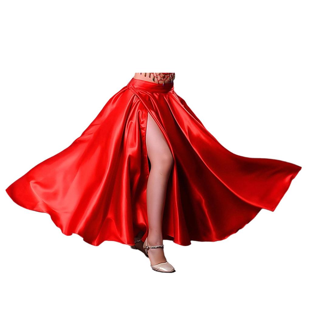 Girls Satin Skirt Side Split Wide Hemline Hook Loop Fastener Waistband Spanish Flamenco Ballroom Dance Skirt
