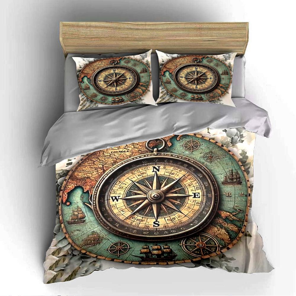 Vintage Compass and Map Bedding Set Bedding Set (1 Duvet Cover, 2 Pillowcases, Duvet Not Included)