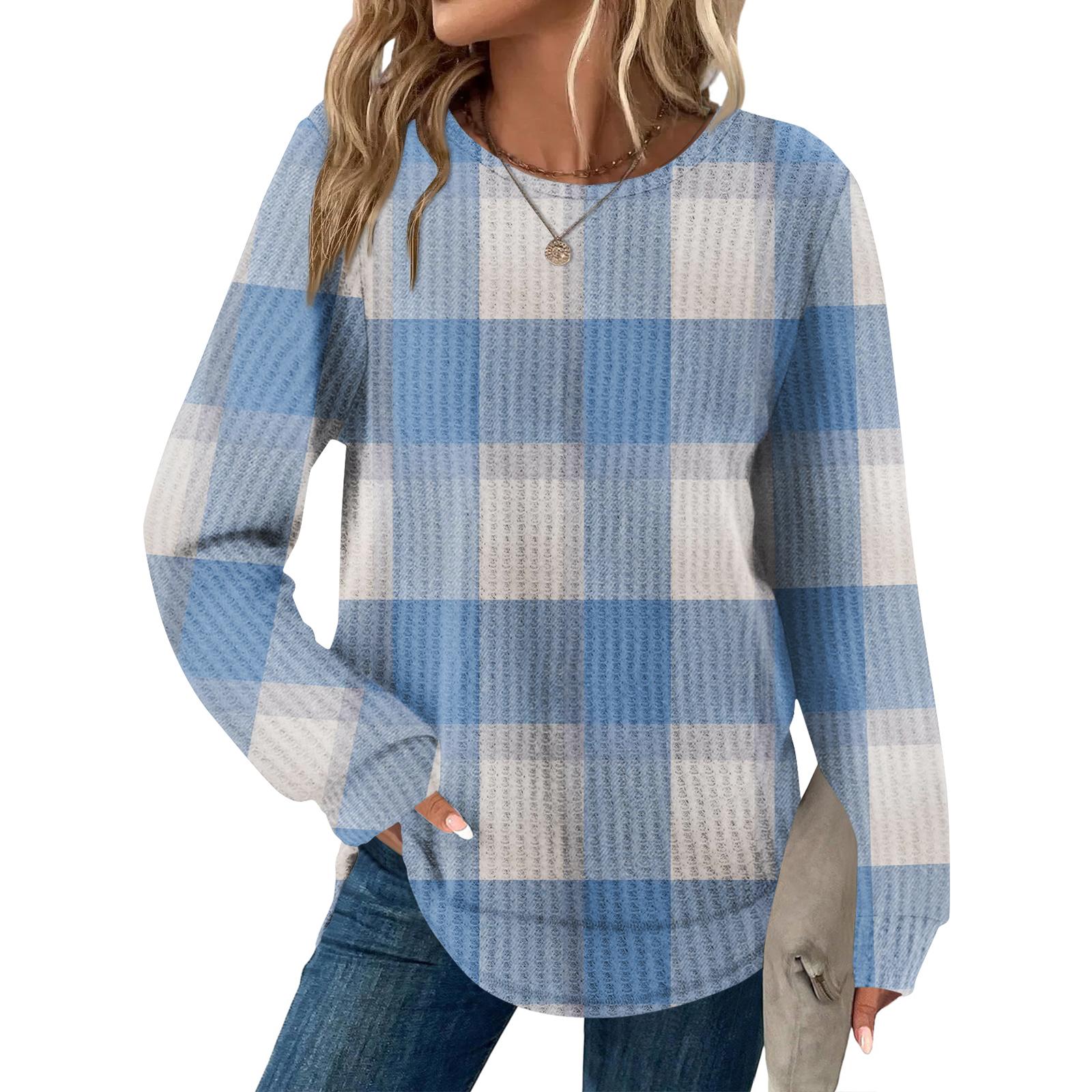Women s Plaid Print Round Neck Long Sleeve Casual Loose Top L синий