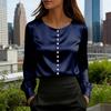 Women's Long-sleeved Satin  Color Shirt. Pearl Button Collar. Round Neck Silky Smooth Business Casual Top