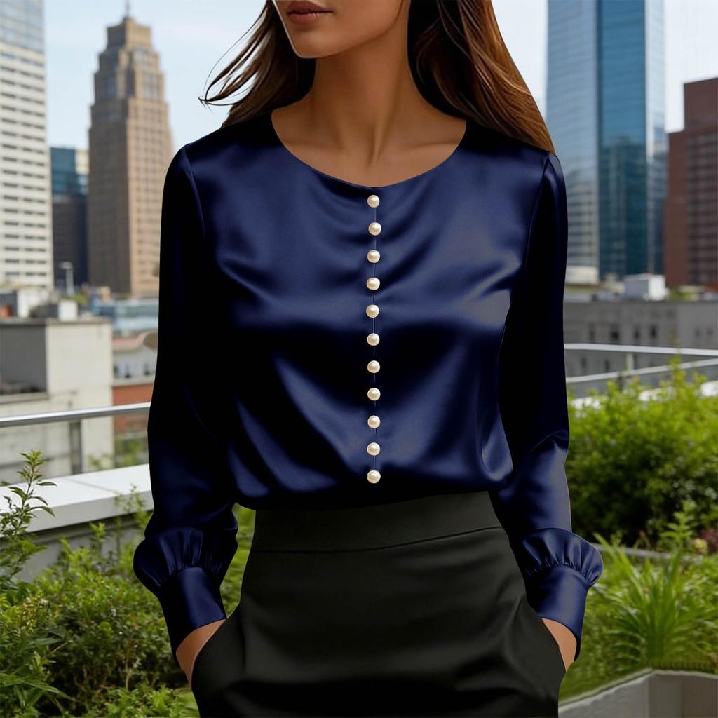 Women's Long-sleeved Satin Color Shirt. Pearl Button Collar. Round Neck Silky Smooth Business Casual Top