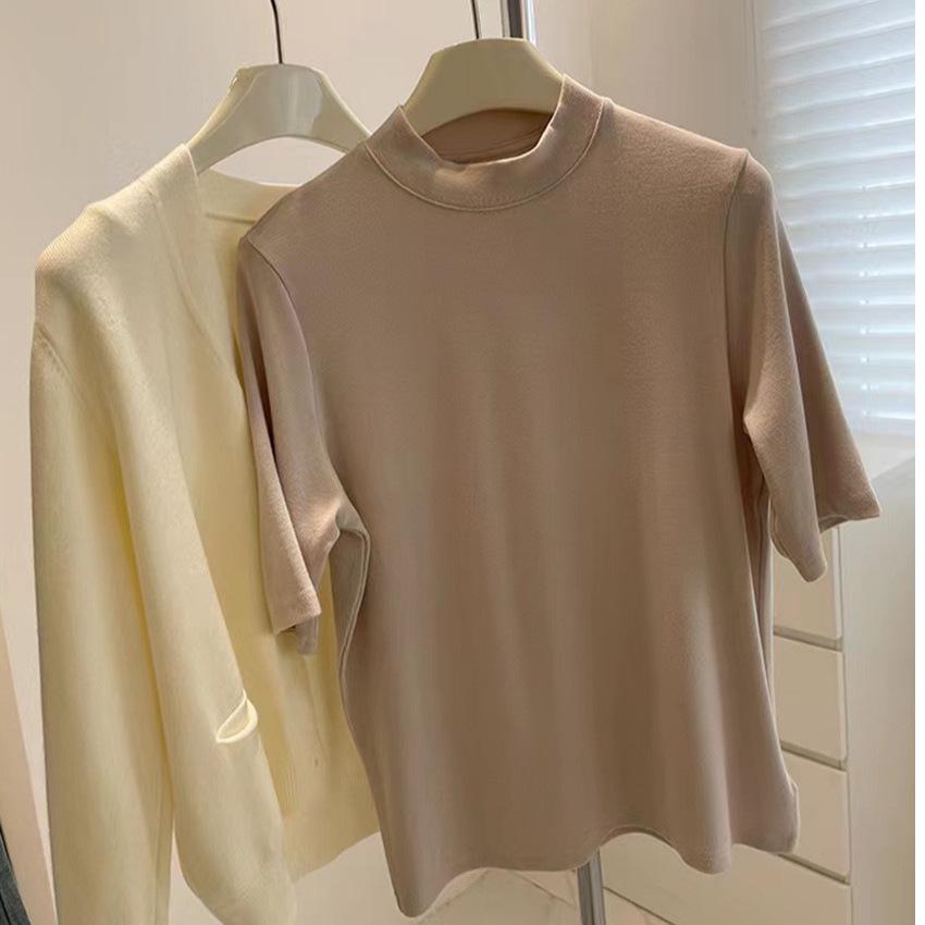 Women's Short-Sleeve, Half-High Collar Brushed T-Shirt - Chic, Thickened Base Layer