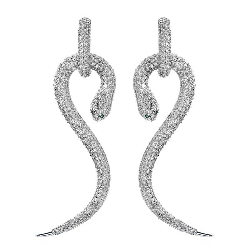 

Серьги-пусеты в европейском и американском стиле из серебра 925 пробы в форме змеи с цирконами зелёный