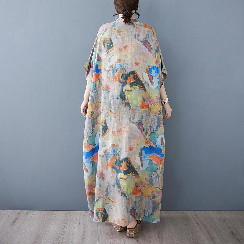 Dimanaf 2025 Dámské letní šaty Plus Size Basic Dlouhé šaty Vintage Tisk Bavlna Len Neformální Volné