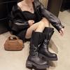 Winter Vintage Belt Buckle Women'S Boots With Large Toe, Thick Sole, Pleated Punk Motorcycle Boots Women