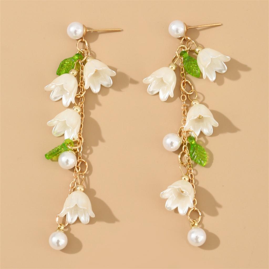 Maiglöckchen Ohrhänger mit Perlenfransen Romantischer Blumenschmuck für Party-Schmuck für Damen Elegante Lange Hängeohrringe