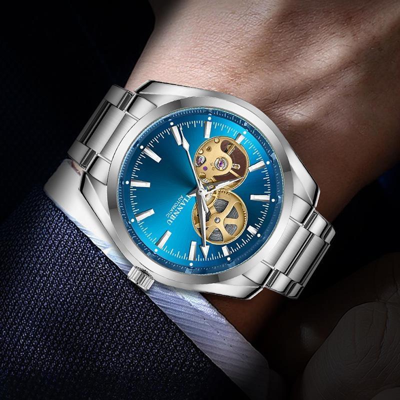 Gold Automatic Mechanical Watch for Men Luxury Skeleton Stainless Steel Waterproof Luminous Business Dress Wristwatch