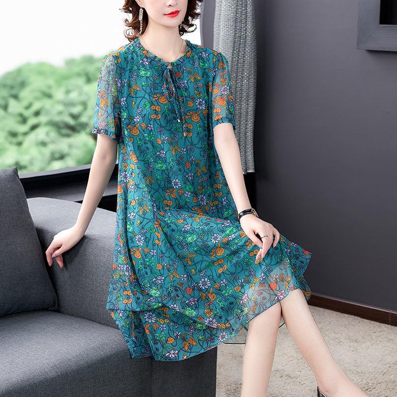 Chiffon Blumenkleid L-XXXXXL Damen Sommer Schleier Kurzarm Rundhals Leicht und Atmungsaktiv