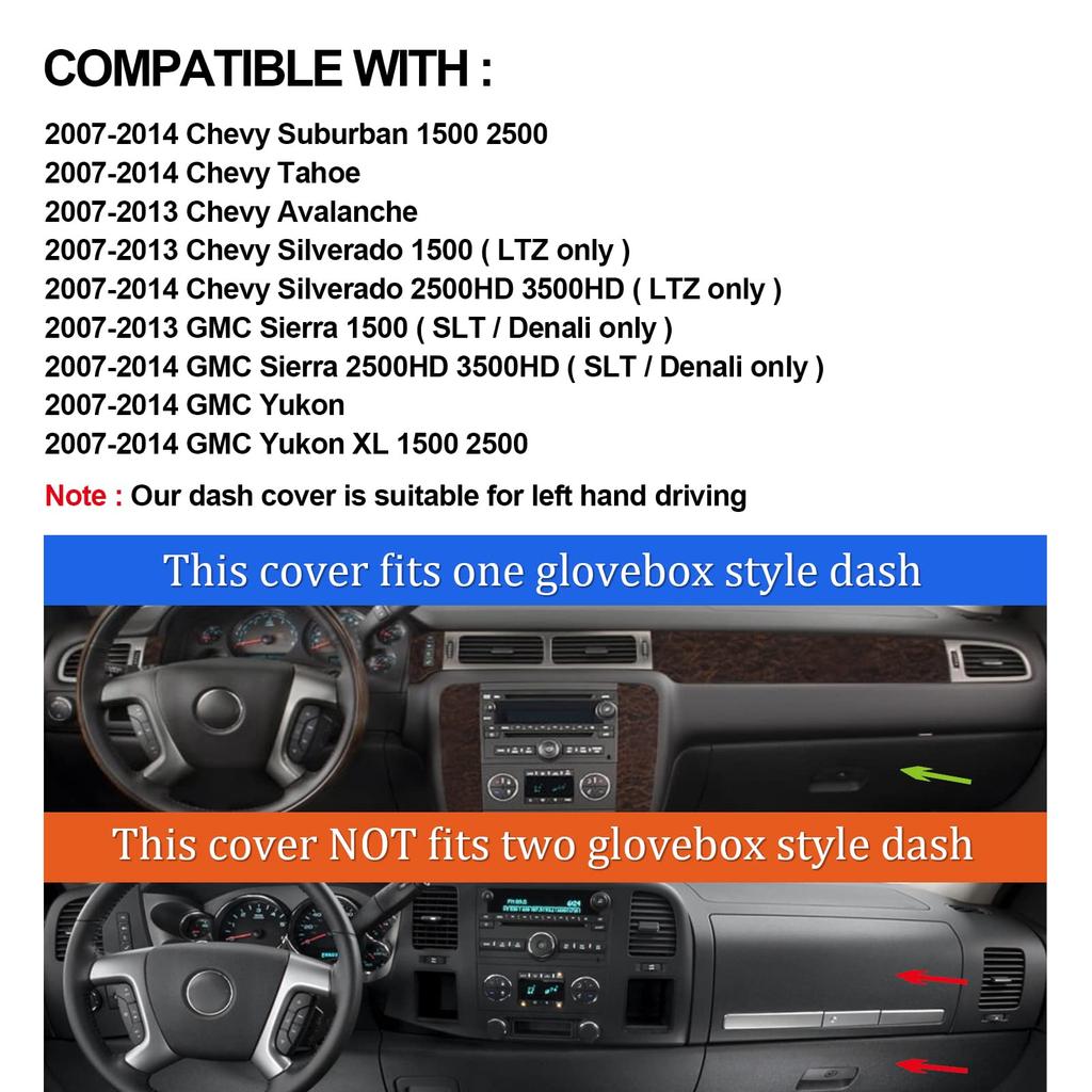 HanLanKa Dashboard Cover for Chevrolet Chevrolet Silverado 1500 LTZ GMC Yukon Premium Black Suburban/Tahoe (2007-2014), Avalanche, (2007-2013),