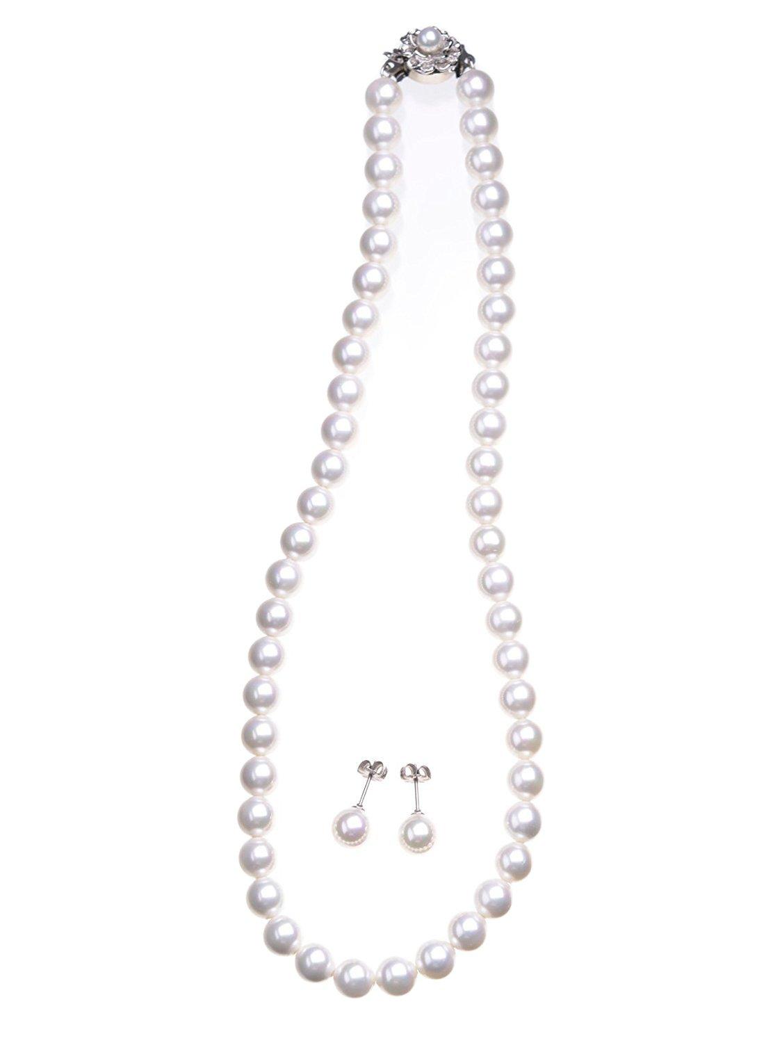 

[Aurora] Hanadama High-Grade Aurora Genuine Shell Pearl 8mm Necklace, Earrings, and Piercings Set, Made in Japan, 16-inch, Jewelry Store Quality,