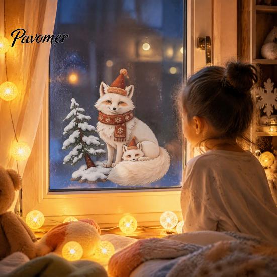 Transparent Glass Pattern Christmas Fox Window Clings, Winter Forest Animal Double-Side Sticker, Cute Graphics Reusable Static Decals for Holiday